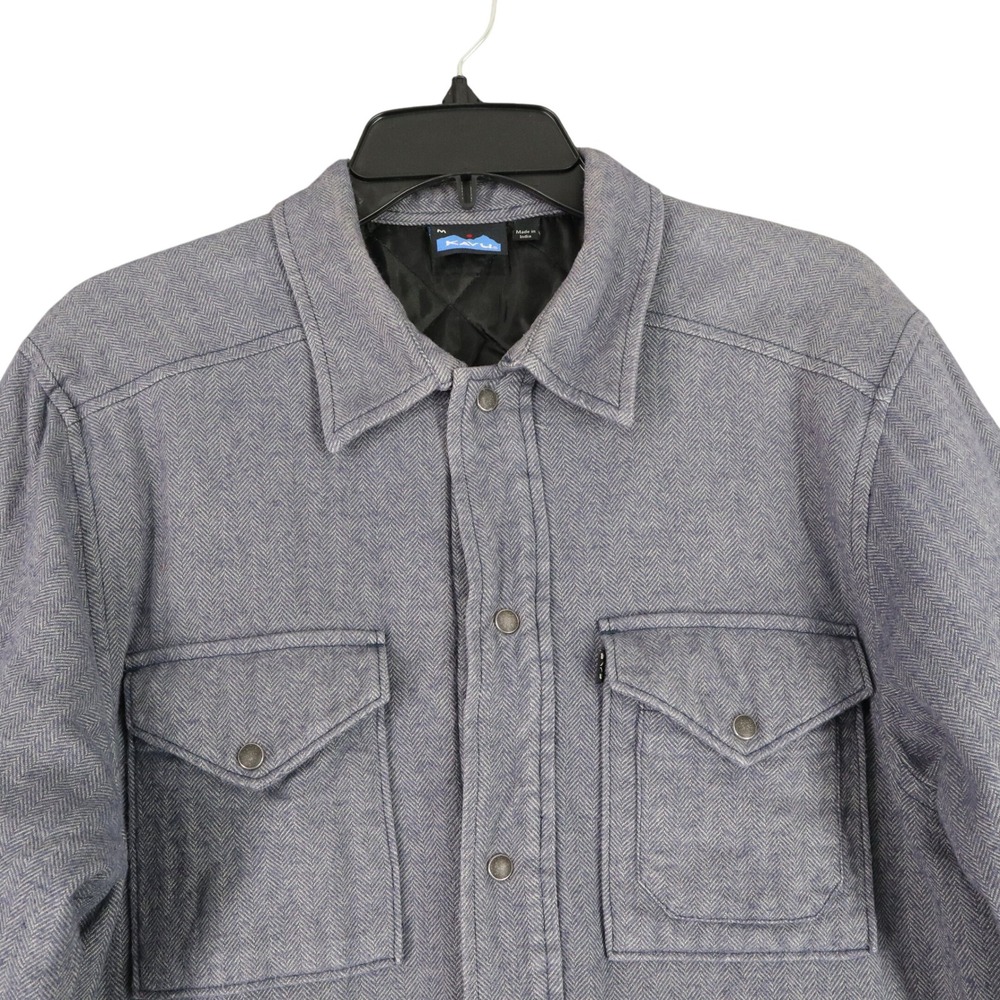 KAVU Quilted Shirt Jacket Mens M Gray Herringbone Snap Front Insulated Overshirt